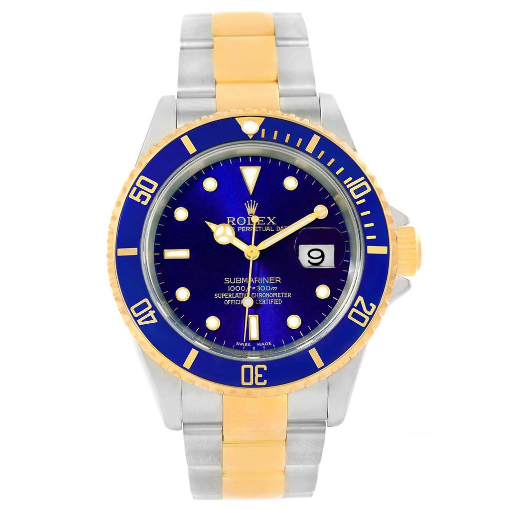 This Rolex Submariner 16613 Men's Steel and Gold (two tone) Blue Dial 16613 Men's Steel and Gold (two tone) Blue Dial watch is shown from a front angle, highlighting the dial, bezel, and bracelet.