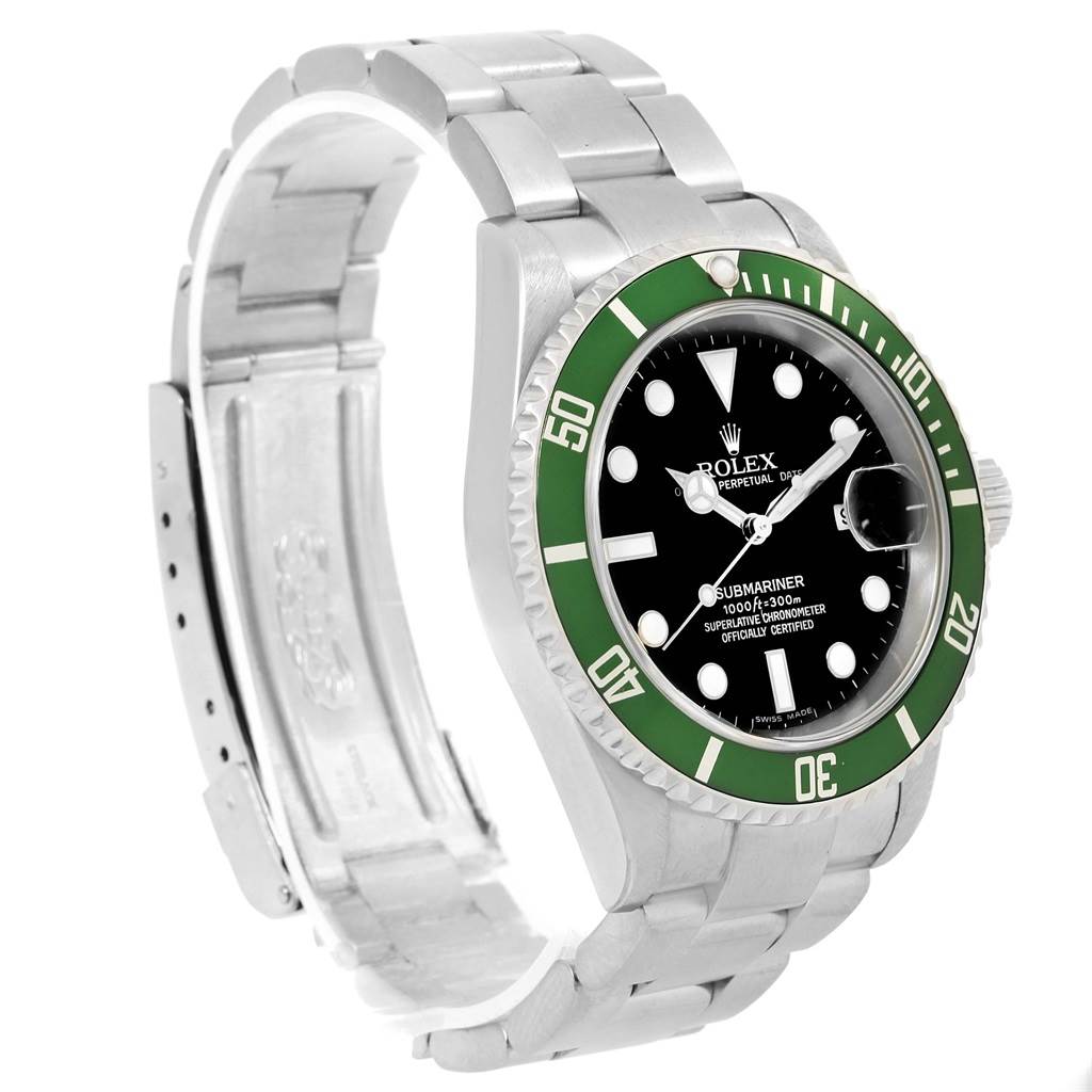 The image shows a three-quarter angle of a Rolex Submariner 16610LV Men's Stainless Steel Black Dial 16610LV Men's Stainless Steel Black Dial watch, highlighting the dial, bezel, band, and clasp.