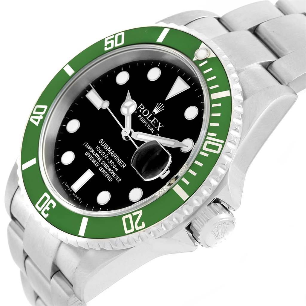 This image shows a close-up, angled view of the face and bracelet of a Rolex Submariner 16610LV Men's Stainless Steel Black Dial 16610LV Men's Stainless Steel Black Dial watch.