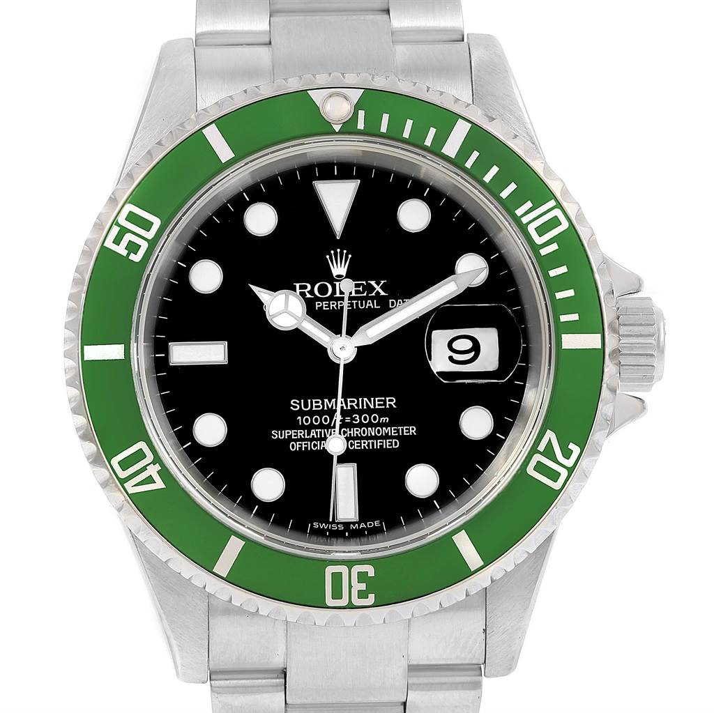 This image shows the front view of a Rolex Submariner 16610LV Men's Stainless Steel Black Dial 16610LV Men's Stainless Steel Black Dial watch, highlighting the dial, bezel, and part of the bracelet.