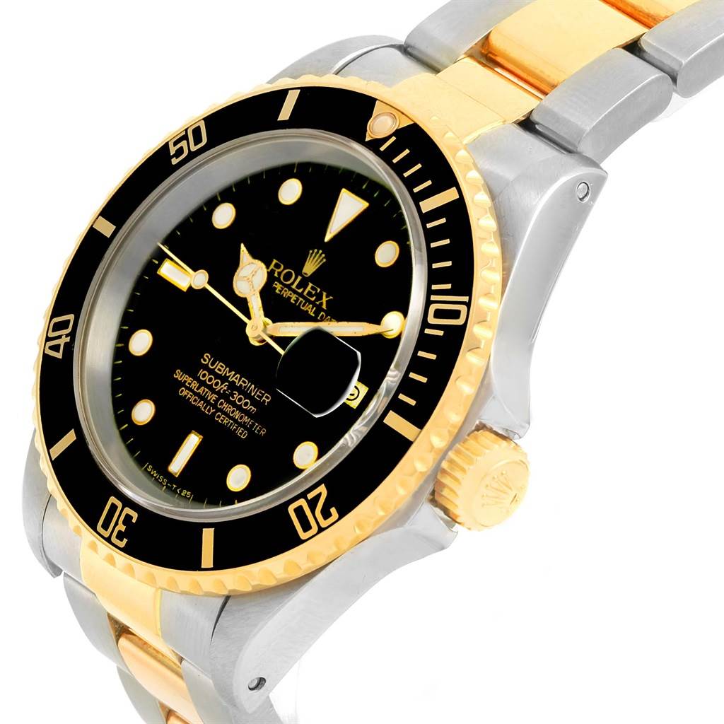 The Rolex Submariner 16613 Men
s Steel and Gold (two tone) Black Dial 16613 Men
s Steel and Gold (two tone) Black Dial watch is shown from a three-quarter angle, featuring its black dial, gold accents, and two-tone metal bracelet.