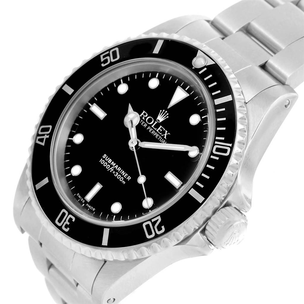 This image shows a Rolex Submariner 14060 Men's Stainless Steel Black Dial 14060 Men's Stainless Steel Black Dial watch from an angled close-up, highlighting its black dial, bezel, and stainless steel bracelet.