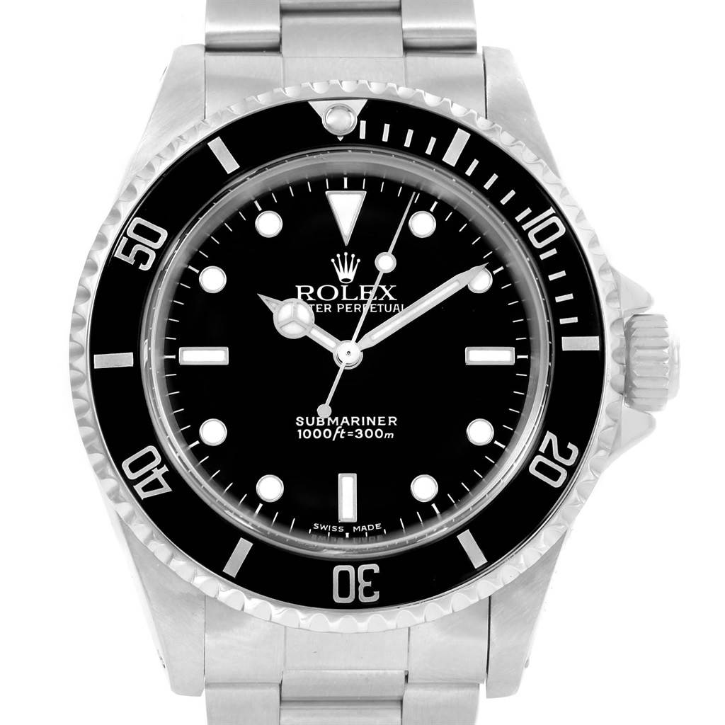 The image shows a front view of a Rolex Submariner 14060 Men's Stainless Steel Black Dial 14060 Men's Stainless Steel Black Dial watch, highlighting the dial, bezel, and bracelet.