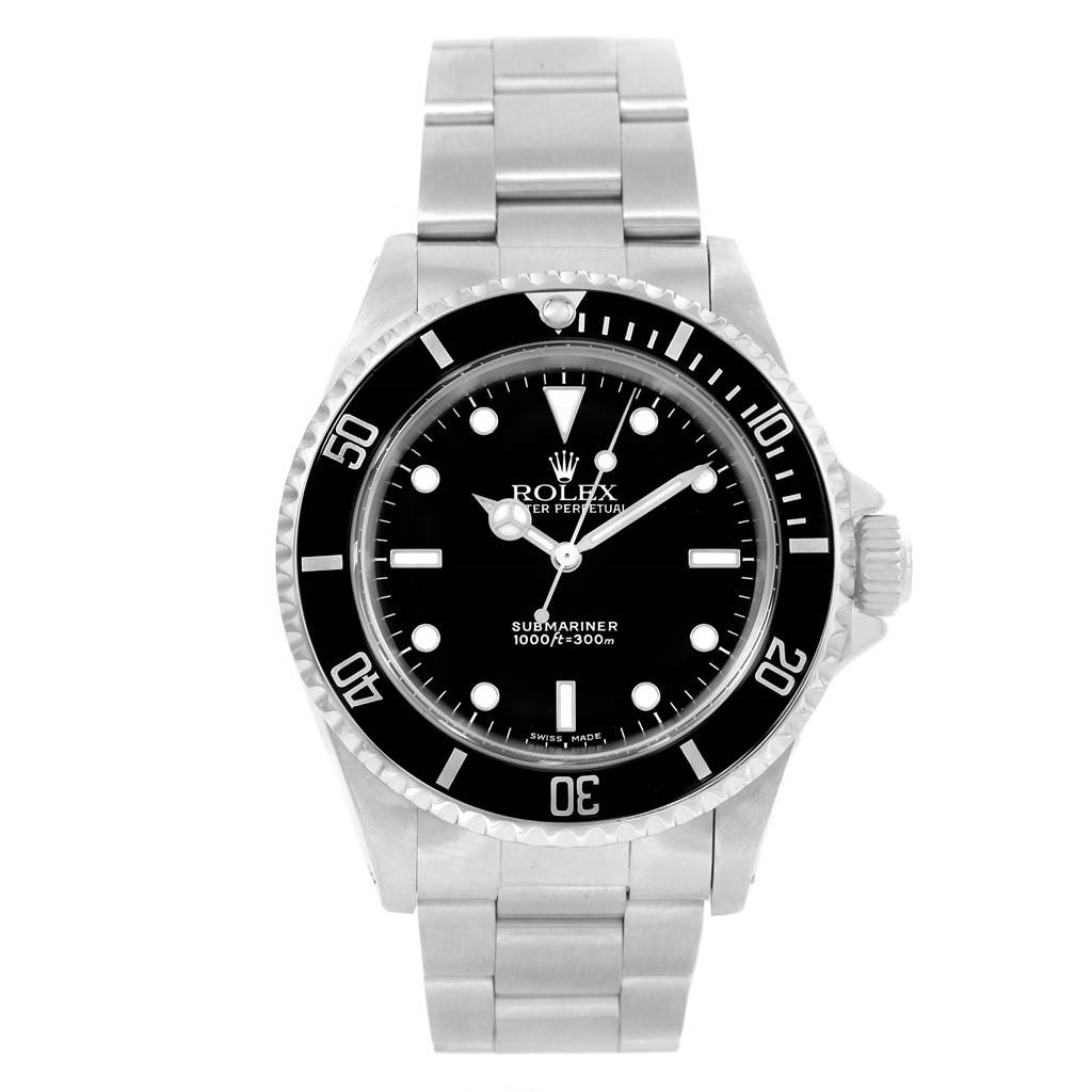 The image shows a Rolex Submariner 14060 Men's Stainless Steel Black Dial 14060 Men's Stainless Steel Black Dial watch from a front angle, displaying its black dial, bezel, and metal bracelet.