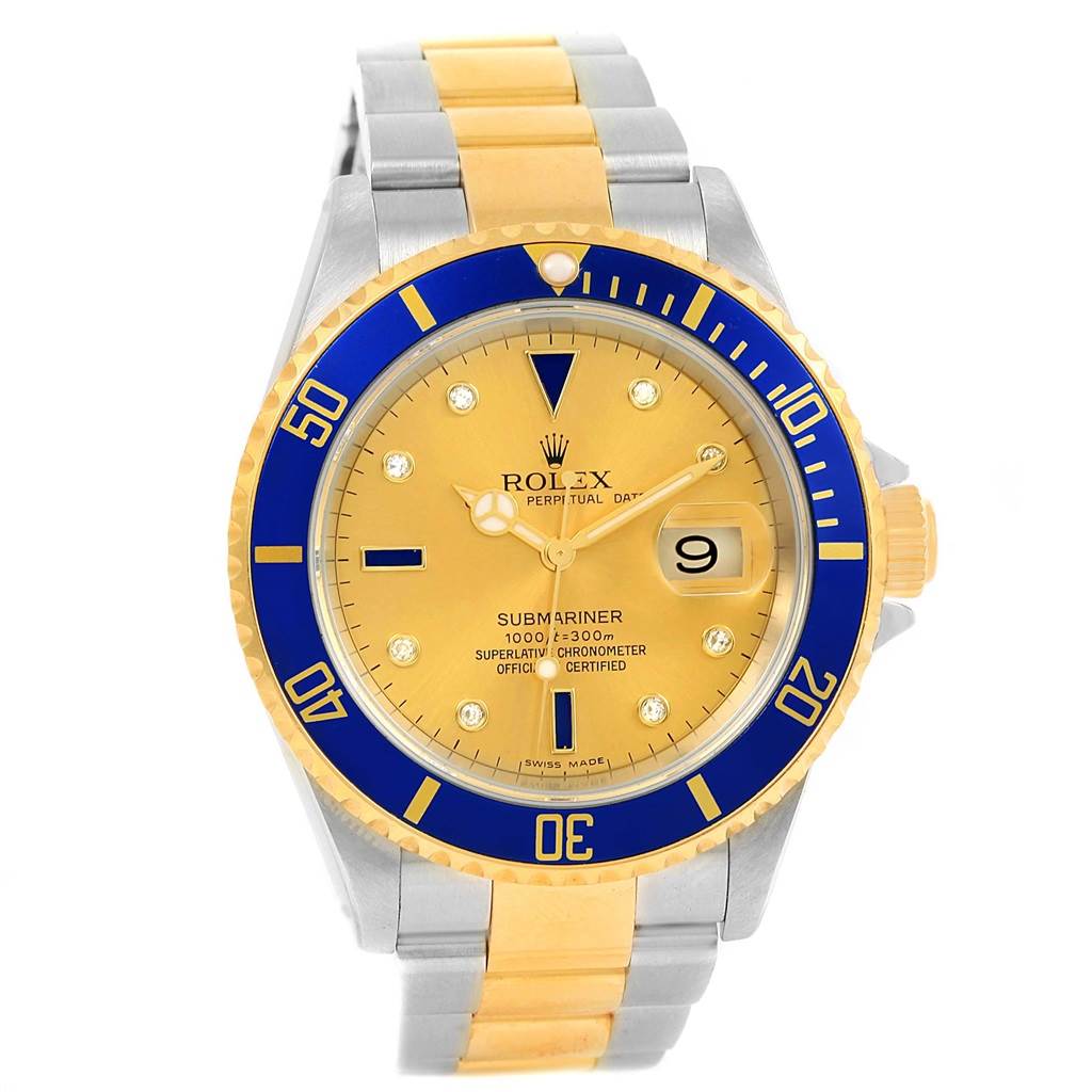 The image shows a front view of the Rolex Submariner 16613 Men
s Steel and Gold (two tone) Champagne Dial 16613 Men
s Steel and Gold (two tone) Champagne Dial watch, highlighting the dial, bezel, and bracelet.