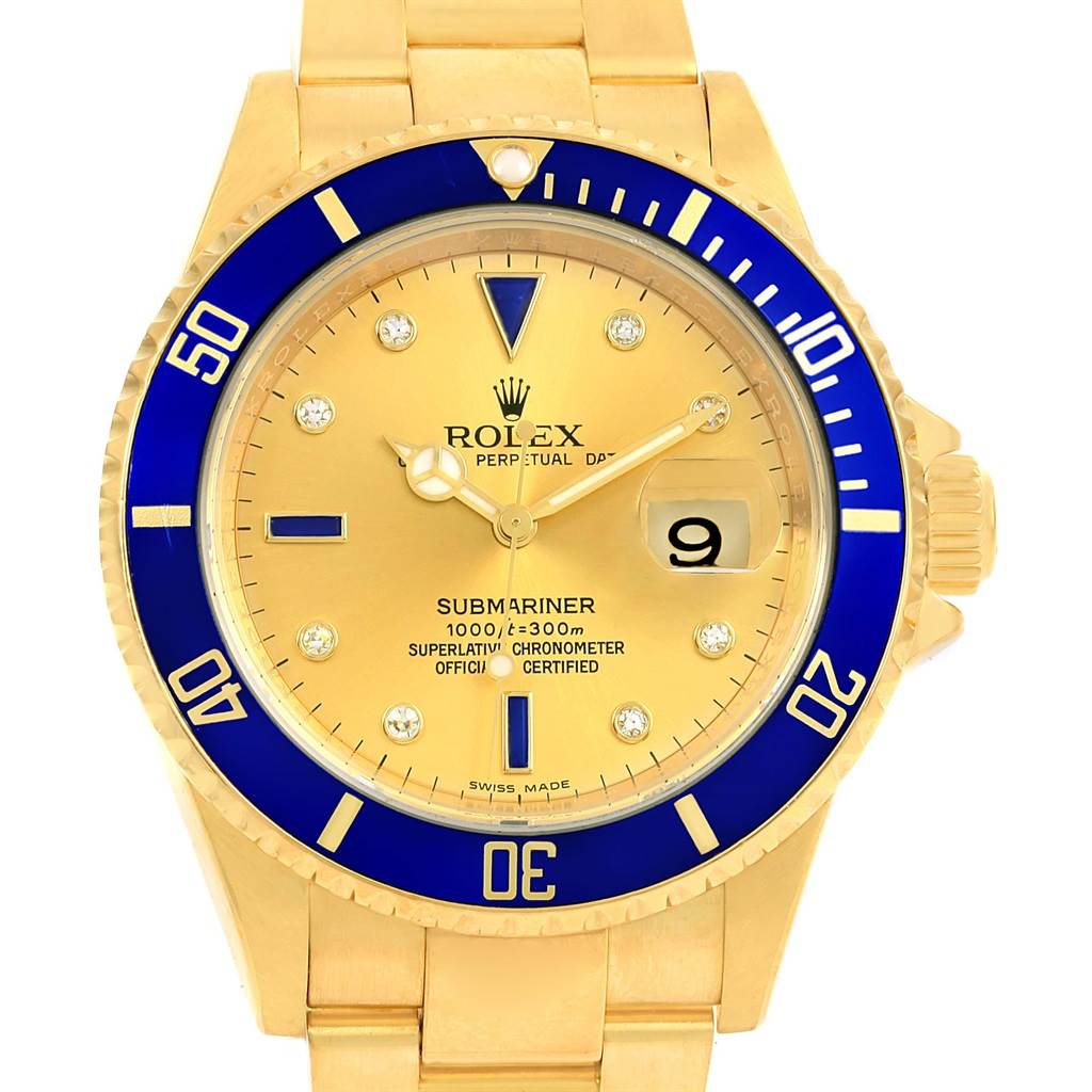 Rolex Submariner Yellow Gold Diamond Sapphire Serti Dial Watch 16618 ...