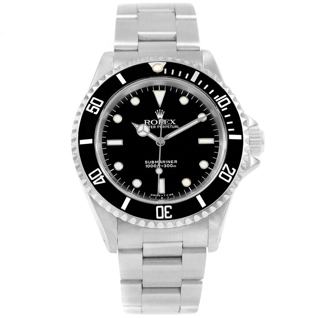 This is a front view of a Rolex Submariner 14060 Men
s Stainless Steel Black Dial 14060 Men
s Stainless Steel Black Dial watch showing the dial, bezel, hands, crown, and bracelet.