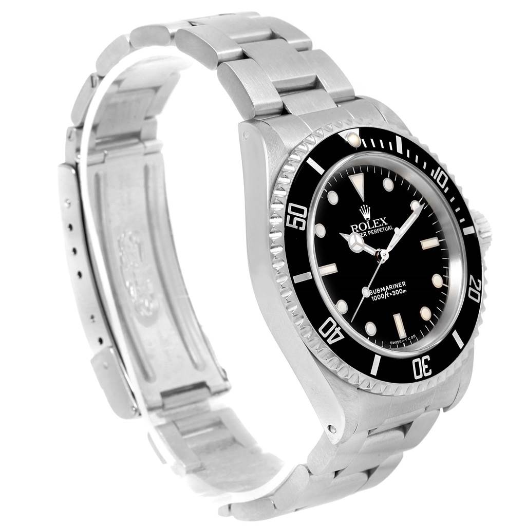This image shows a Rolex Submariner 14060 Men
s Stainless Steel Black Dial 14060 Men
s Stainless Steel Black Dial watch from a three-quarter angle, displaying the face, bezel, and part of the bracelet with the clasp open.