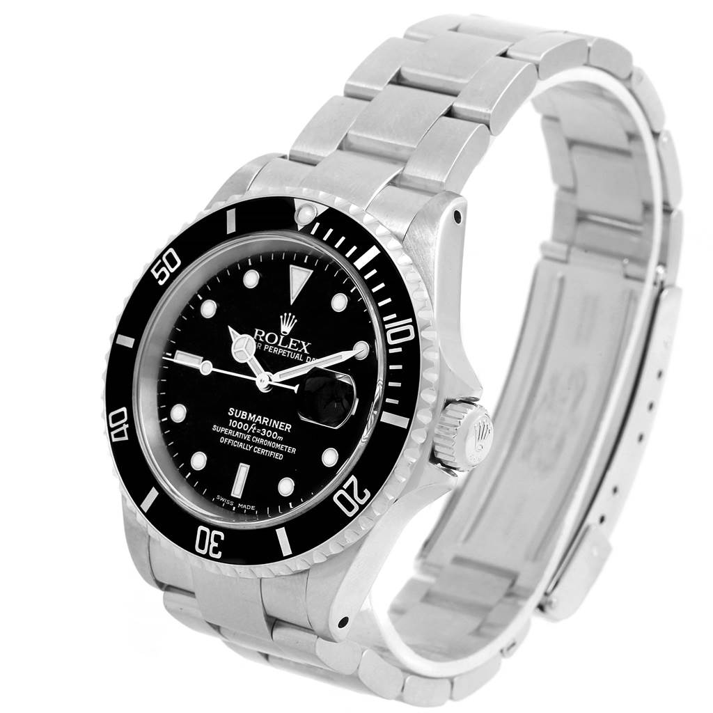 The image shows a Rolex Submariner 16610 Men's Stainless Steel Black Dial 16610 Men's Stainless Steel Black Dial watch at a three-quarter angle, highlighting the face, bezel, and stainless steel bracelet.