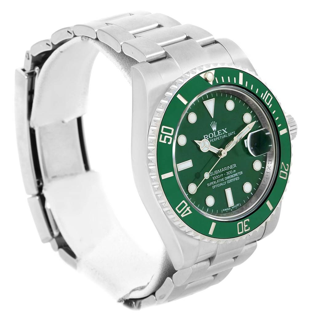 The image shows a Rolex Submariner 116610LV Men's Stainless Steel Green Dial 116610LV Men's Stainless Steel Green Dial watch angled to display the face, bezel, side profile, and part of the bracelet.