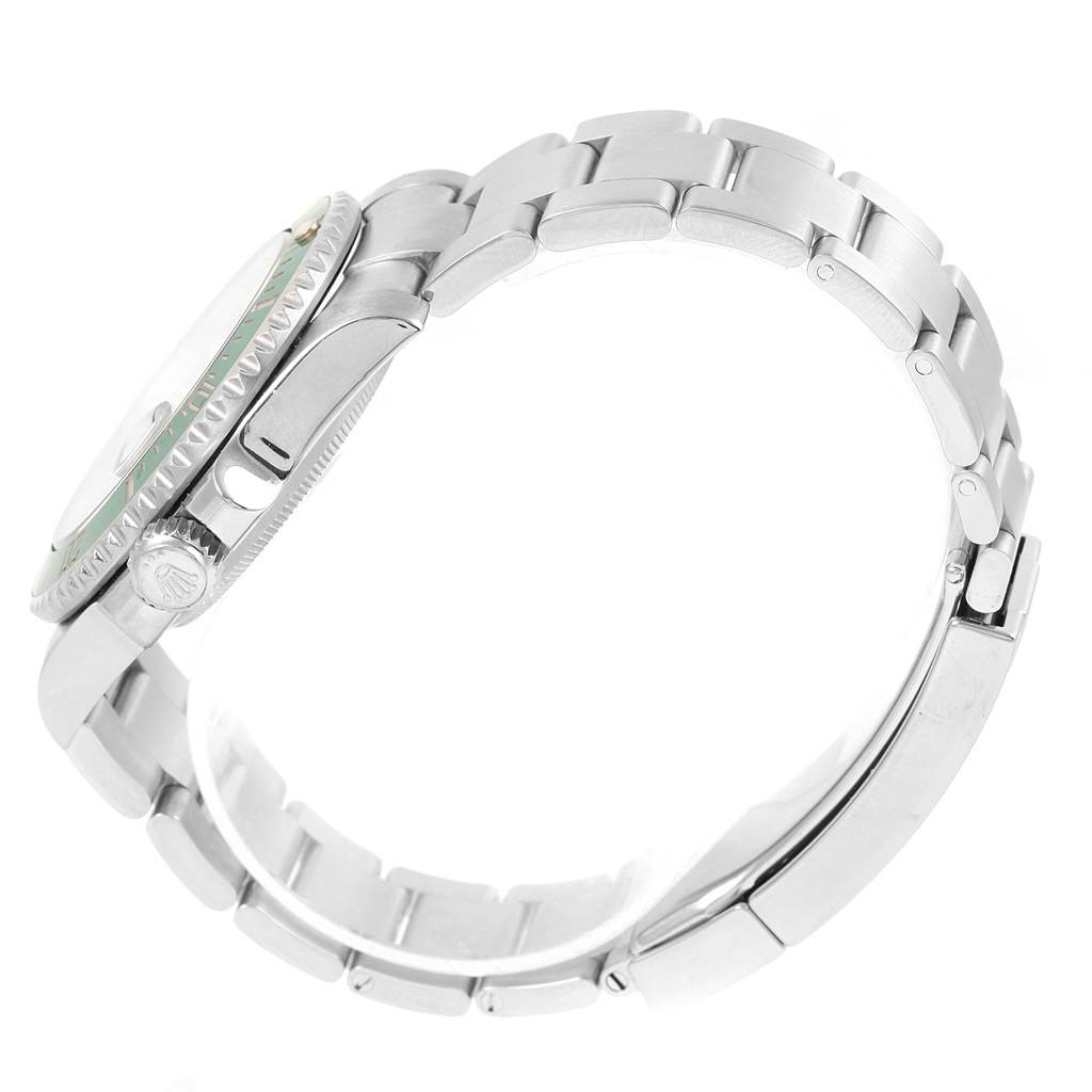This image shows a side view of the Rolex Submariner 116610LV Men's Stainless Steel Green Dial 116610LV Men's Stainless Steel Green Dial watch, highlighting its stainless steel bracelet and case.