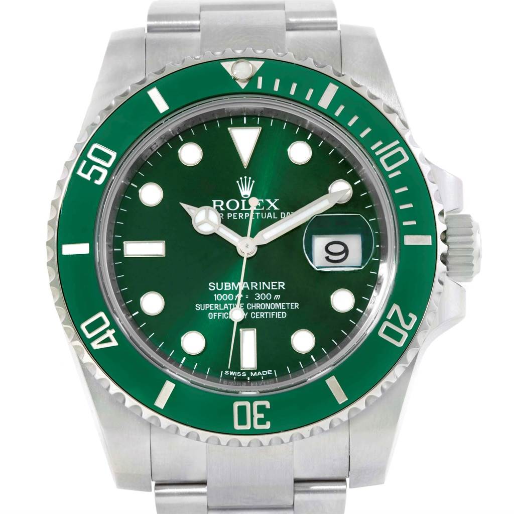 The image shows a front-facing view of a Rolex Submariner 116610LV Men's Stainless Steel Green Dial 116610LV Men's Stainless Steel Green Dial watch, highlighting its green bezel, dial, and date window.