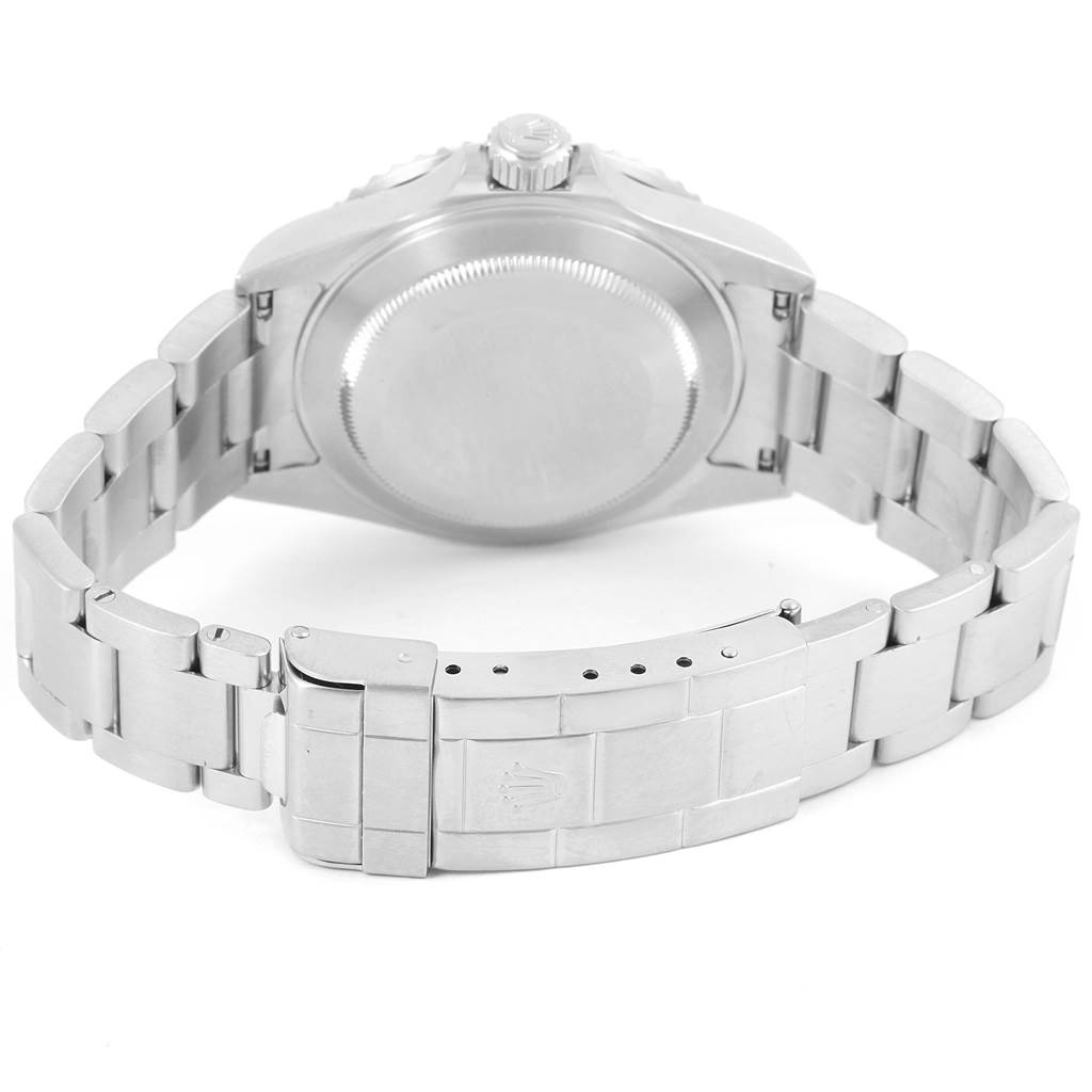 The image shows the back view of a Rolex Submariner 16610LV Men's Stainless Steel Black Dial 16610LV Men's Stainless Steel Black Dial watch, featuring the clasp and the bracelet.