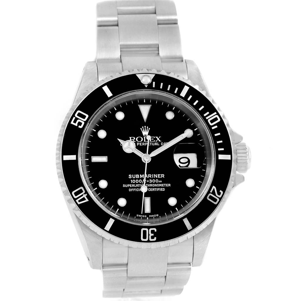 The image shows a Rolex Submariner 16610 Men's Stainless Steel Black Dial 16610 Men's Stainless Steel Black Dial watch from a front angle, displaying its dial, bezel, crown, and bracelet.