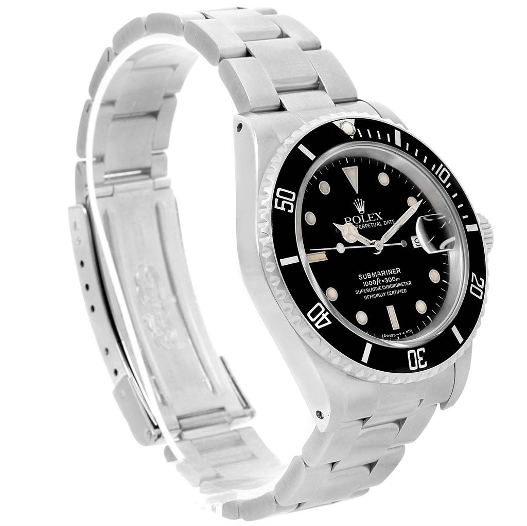 The image shows a Rolex Submariner 16610 Men's Stainless Steel Black Dial 16610 Men's Stainless Steel Black Dial watch at an angle, displaying the face, bezel, and partially open bracelet.