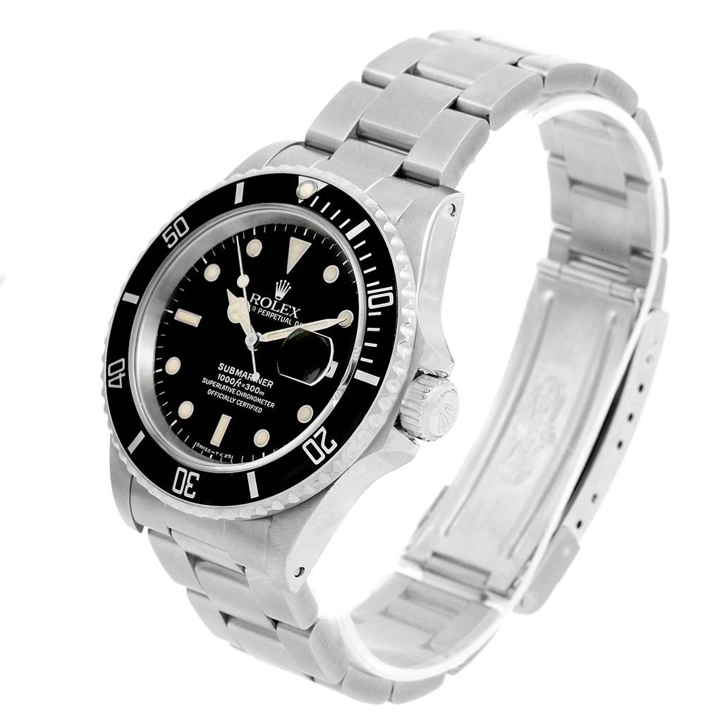 The image shows a side angle view of the Rolex Submariner 16610 Men's Stainless Steel Black Dial 16610 Men's Stainless Steel Black Dial watch, highlighting the dial, bezel, crown, and metal bracelet.