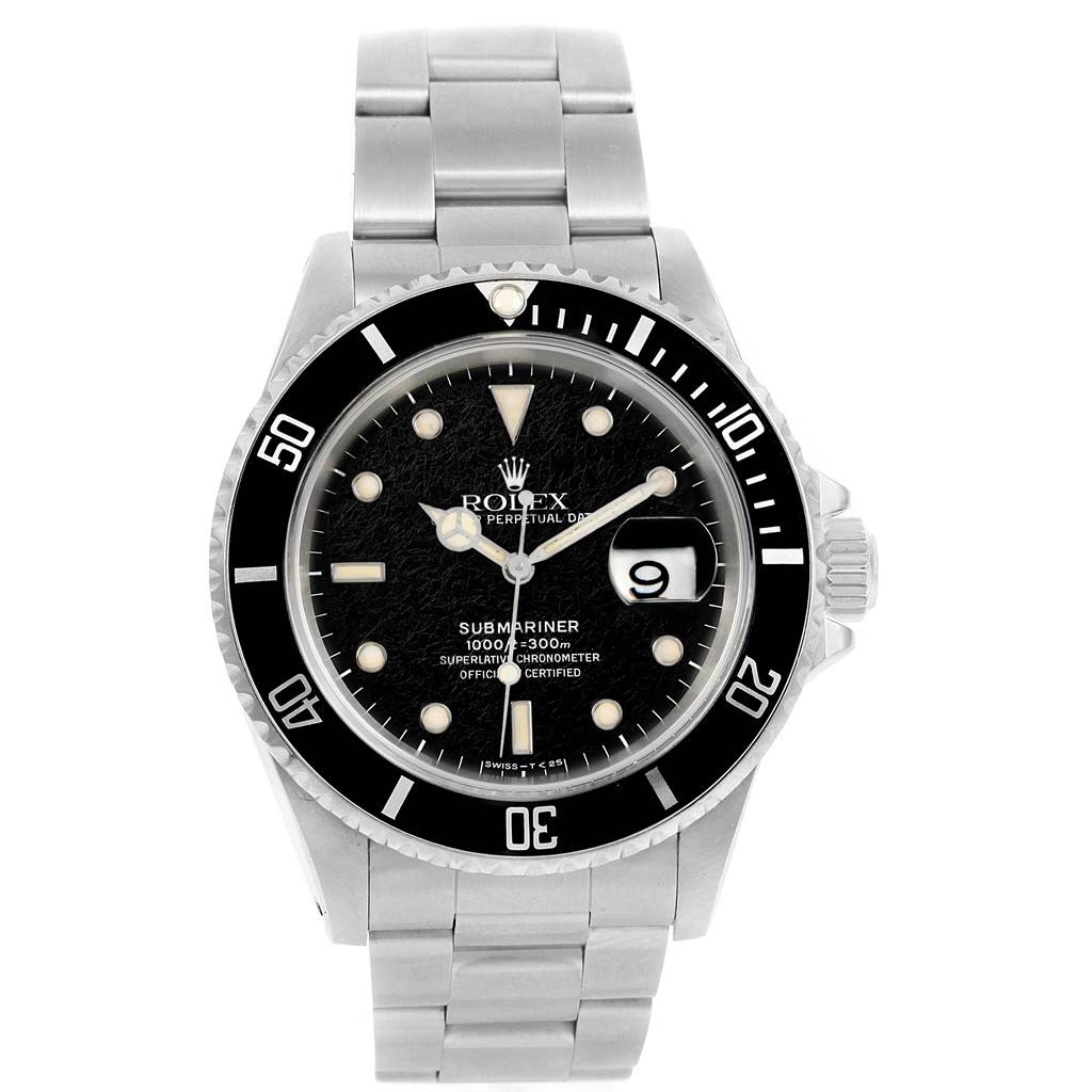 This image shows a front view of a Rolex Submariner 16610 Men's Stainless Steel Black Dial 16610 Men's Stainless Steel Black Dial watch, highlighting its dial, bezel, and bracelet.