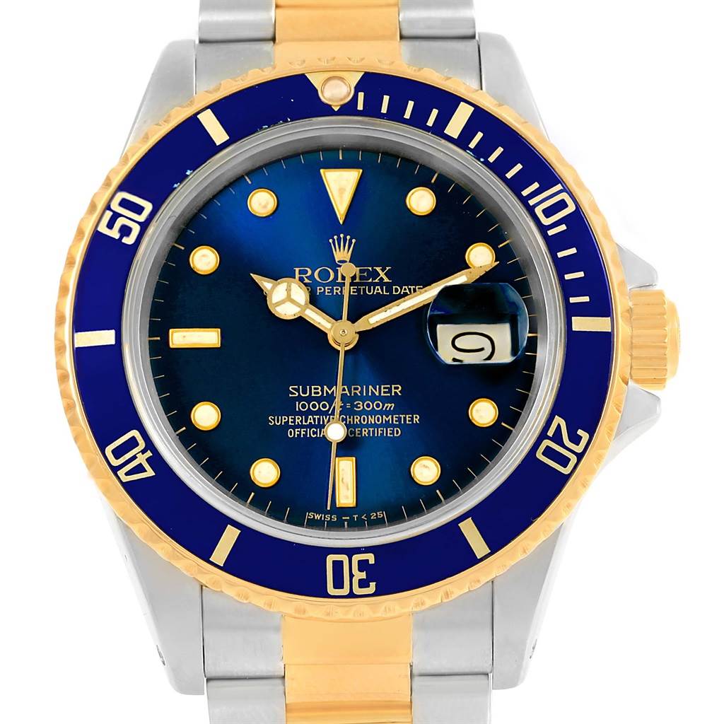 The image shows a front view of a Rolex Submariner 16803 Men's Steel and Gold (two tone) Blue Dial 16803 Men's Steel and Gold (two tone) Blue Dial watch, highlighting its blue dial, gold bezel, and two-tone bracelet.