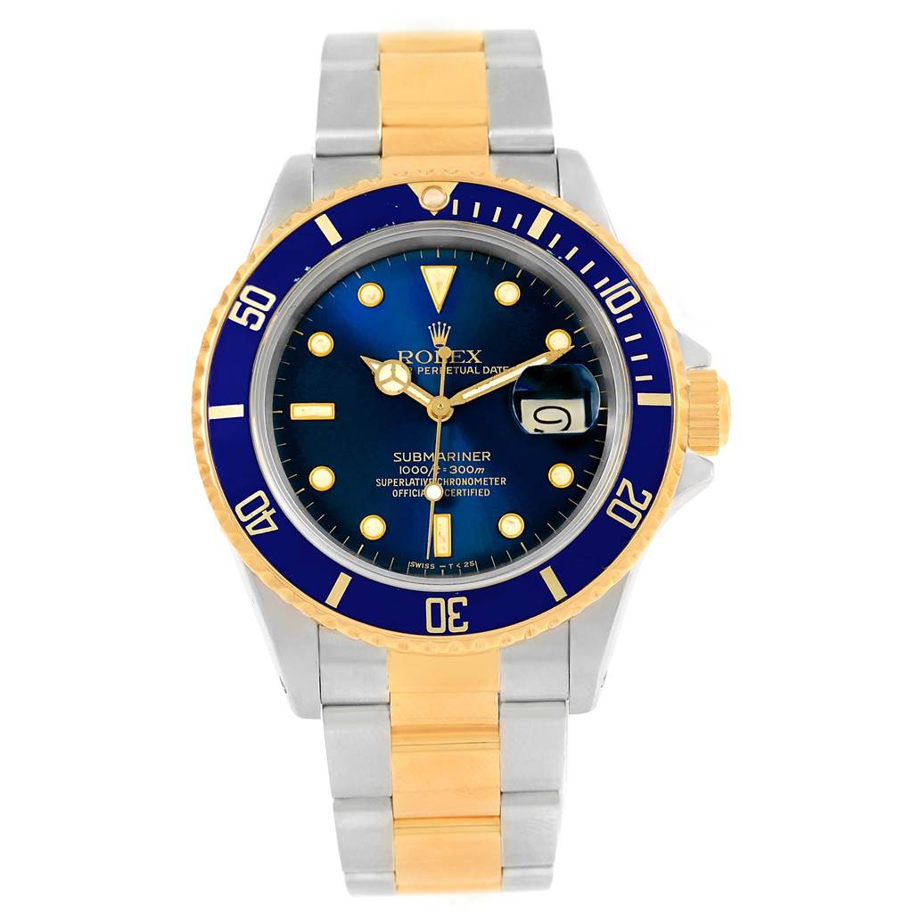This image shows a front view of a Rolex Submariner 16803 Men's Steel and Gold (two tone) Blue Dial 16803 Men's Steel and Gold (two tone) Blue Dial watch, highlighting the dial, bezel, and bracelet.