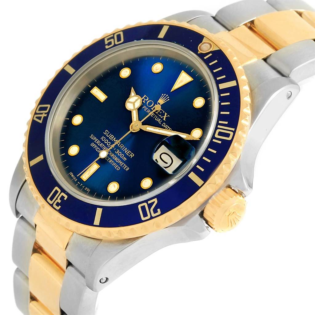This Rolex Submariner 16803 Men's Steel and Gold (two tone) Blue Dial 16803 Men's Steel and Gold (two tone) Blue Dial watch is shown at a slight angle, displaying the bezel, dial, crown, and part of the bracelet.