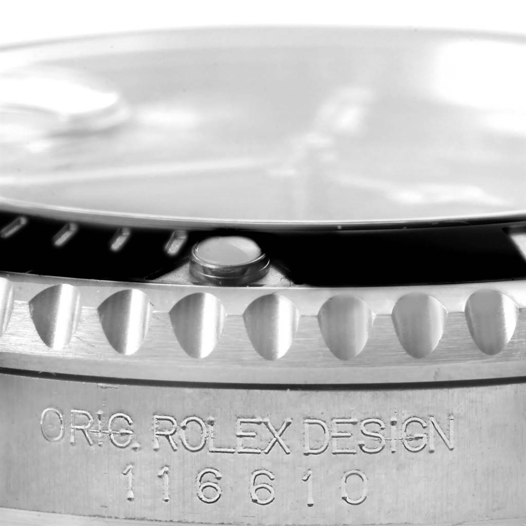 This image shows a close-up side view of the bezel and case back of a Rolex Submariner 116610 Men's Stainless Steel Black Dial 116610 Men's Stainless Steel Black Dial watch, highlighting the notched bezel and model number.