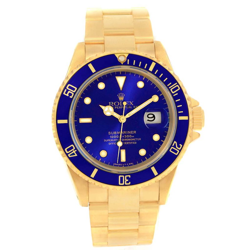 Rolex Submariner 18k Yellow Gold Blue Dial Mens Watch 16618 Box Papers SwissWatchExpo