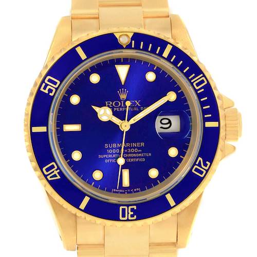 Photo of Rolex Submariner 18k Yellow Gold Blue Dial Mens Watch 16618 Box Papers