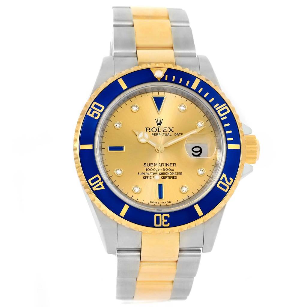 The image shows a front view of a Rolex Submariner 16613 Men's Steel and Gold (two tone) Champagne Dial 16613 Men's Steel and Gold (two tone) Champagne Dial watch with a gold dial, date display, and a two-tone bracelet.