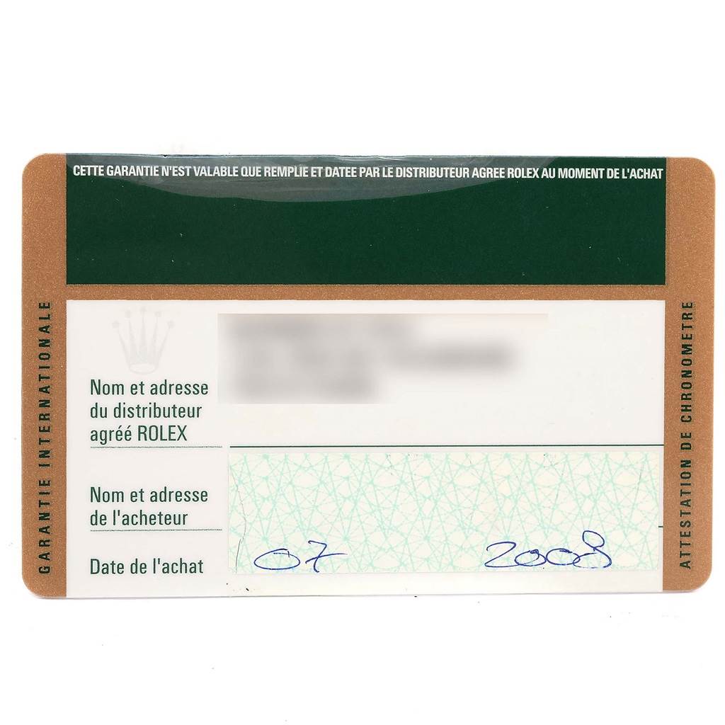 This is an image of the international guarantee card for a Rolex Submariner 16613 Men's Steel and Gold (two tone) Champagne Dial 16613 Men's Steel and Gold (two tone) Champagne Dial watch.