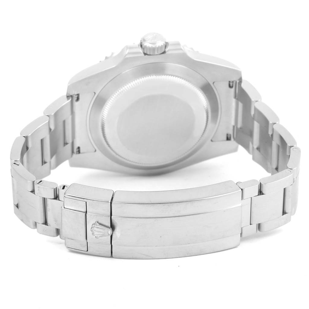 The image shows the back view of a Rolex Submariner 114060 Men's Stainless Steel Black Dial 114060 Men's Stainless Steel Black Dial, focusing on the case back and the metal bracelet with the clasp.