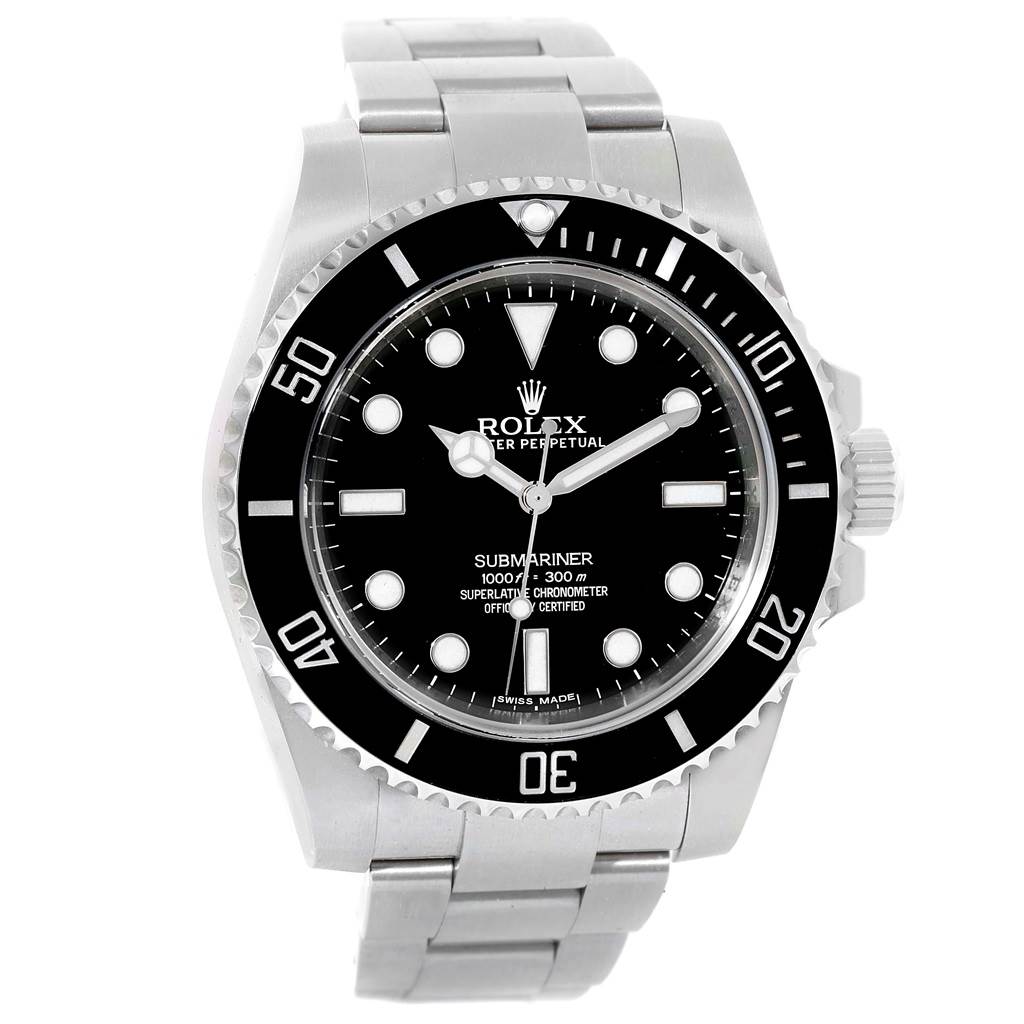 This image shows a front view of the Rolex Submariner 114060 Men's Stainless Steel Black Dial 114060 Men's Stainless Steel Black Dial watch, displaying the dial, bezel, and bracelet.