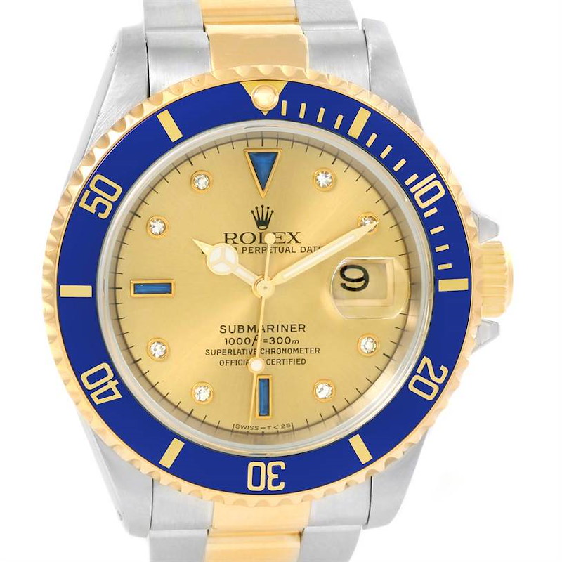 Rolex Submariner Steel Gold Diamond Sapphire Serti Mens Watch 16613 SwissWatchExpo