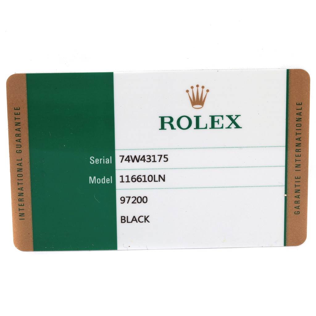 This image shows the warranty card for a Rolex Submariner 116610 Men's Stainless Steel Black Dial 116610 Men's Stainless Steel Black Dial model 116610LN, with details like serial number and color.