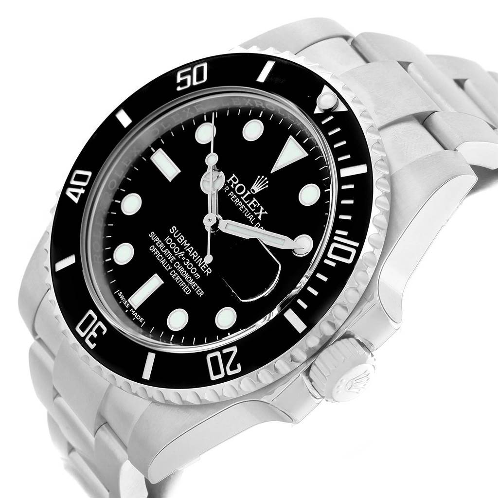 The Rolex Submariner 116610 Men's Stainless Steel Black Dial 116610 Men's Stainless Steel Black Dial watch is shown at an angled view displaying its face, bezel, and part of its stainless steel bracelet.