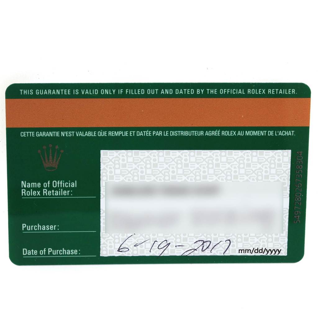 This image shows the warranty card for a Rolex Submariner 116610 Men's Stainless Steel Black Dial 116610 Men's Stainless Steel Black Dial, with the retailer's name, purchaser's name, and date of purchase fields.