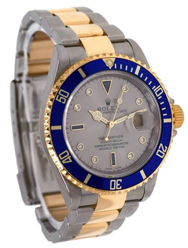The Rolex Submariner 16613 Men's Stainless Steel Grey Dial 16613 Men's Stainless Steel Grey Dial watch is shown at a front-left angle, highlighting its face, bezel, and two-tone bracelet.