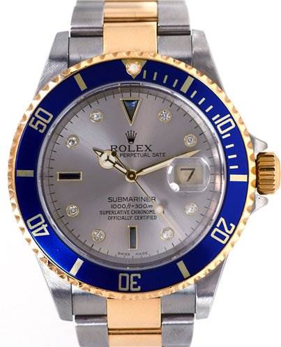 The image shows a frontal view of the Rolex Submariner 16613 Men's Stainless Steel Grey Dial 16613 Men's Stainless Steel Grey Dial watch, showcasing the dial, bezel, hands, and part of the bracelet.