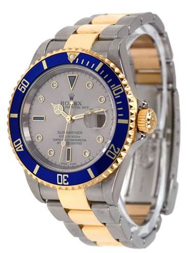 This image shows a Rolex Submariner 16613 Men's Stainless Steel Grey Dial 16613 Men's Stainless Steel Grey Dial watch from a side angle, highlighting its bracelet, bezel, case, and dial.