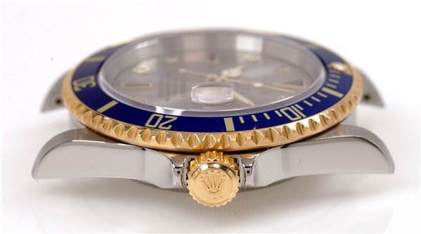 This image shows a side angle of the Rolex Submariner 16613 Men's Stainless Steel Grey Dial 16613 Men's Stainless Steel Grey Dial watch, highlighting the crown, case, and bezel.