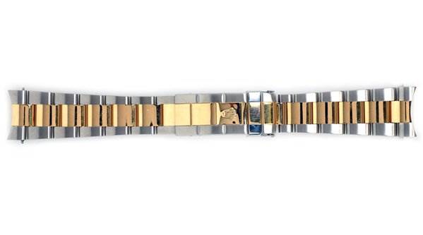 This image shows a two-tone stainless steel and gold bracelet for a Rolex Submariner 16613 Men's Stainless Steel Grey Dial 16613 Men's Stainless Steel Grey Dial watch, captured from a top-down perspective.