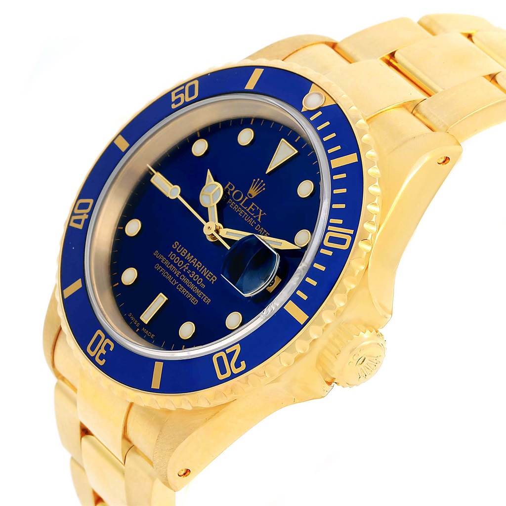 The image shows a Rolex Submariner 16618 Men's Yellow Gold Blue Dial 16618 Men's Yellow Gold Blue Dial watch at an angled side view, highlighting the watch face, bezel, and bracelet.