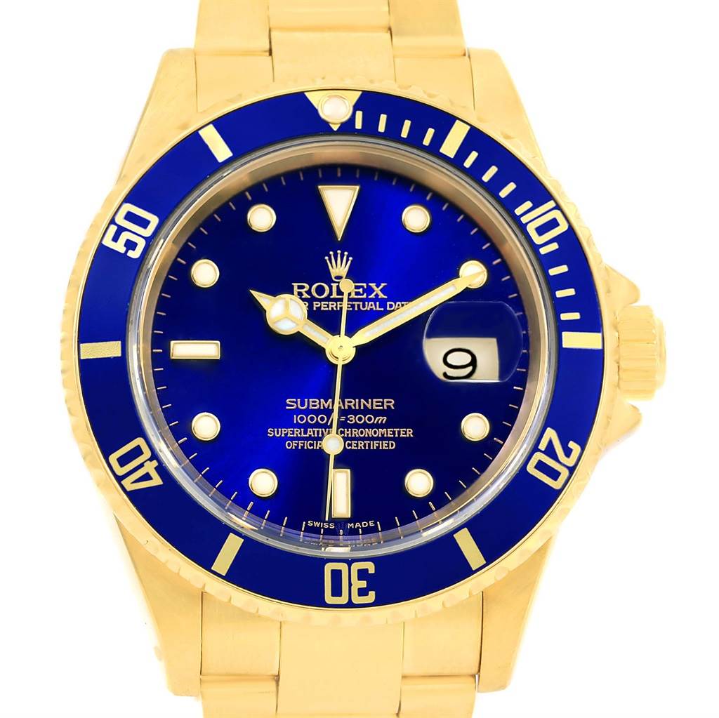 Rolex Submariner 18k Yellow Gold Blue Dial Mens Watch 16618 ...