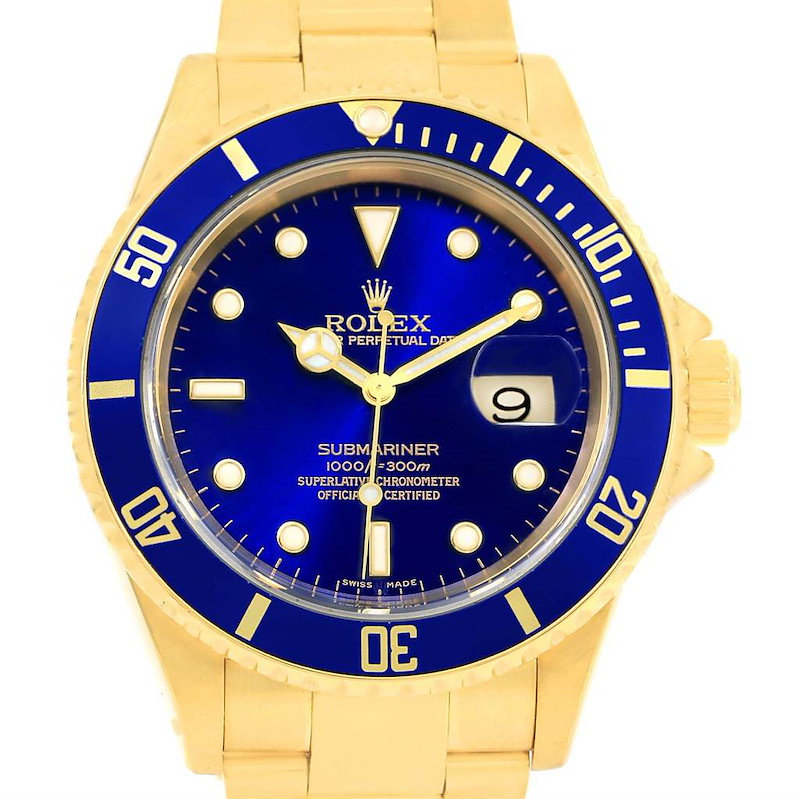 Rolex Submariner 18k Yellow Gold Blue Dial Mens Watch 16618 SwissWatchExpo