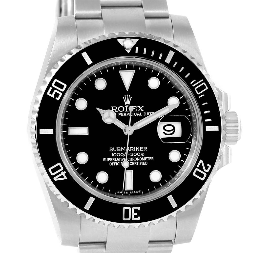 The image shows a front view of a Rolex Submariner 116610 Men's Stainless Steel Black Dial 116610 Men's Stainless Steel Black Dial watch, displaying the dial, bezel, crown, and part of the bracelet.