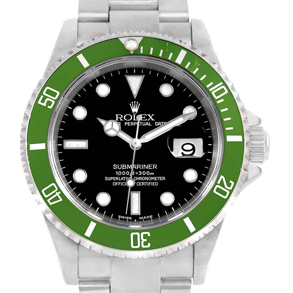 The image shows a front view of a Rolex Submariner 16610LV Men's Stainless Steel Black Dial 16610LV Men's Stainless Steel Black Dial watch, highlighting its green bezel, black dial, and metal band.