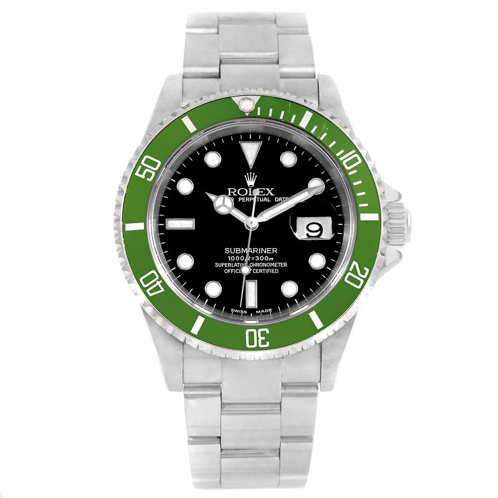 The image shows a front view of the Rolex Submariner 16610LV Men's Stainless Steel Black Dial 16610LV Men's Stainless Steel Black Dial watch, displaying its green bezel, black dial, and steel bracelet.