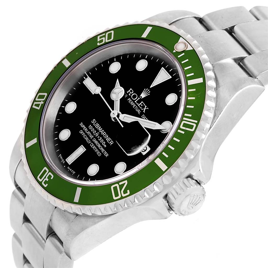 This image shows a close-up of the Rolex Submariner 16610LV Men's Stainless Steel Black Dial 16610LV Men's Stainless Steel Black Dial watch at an angle, highlighting the green bezel, black dial, and part of the metal bracelet.