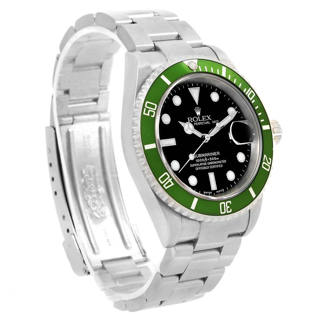 The image shows a Rolex Submariner 16610LV Men's Stainless Steel Black Dial 16610LV Men's Stainless Steel Black Dial watch at a three-quarter angle, displaying the dial, green bezel, case, and partially opened bracelet.
