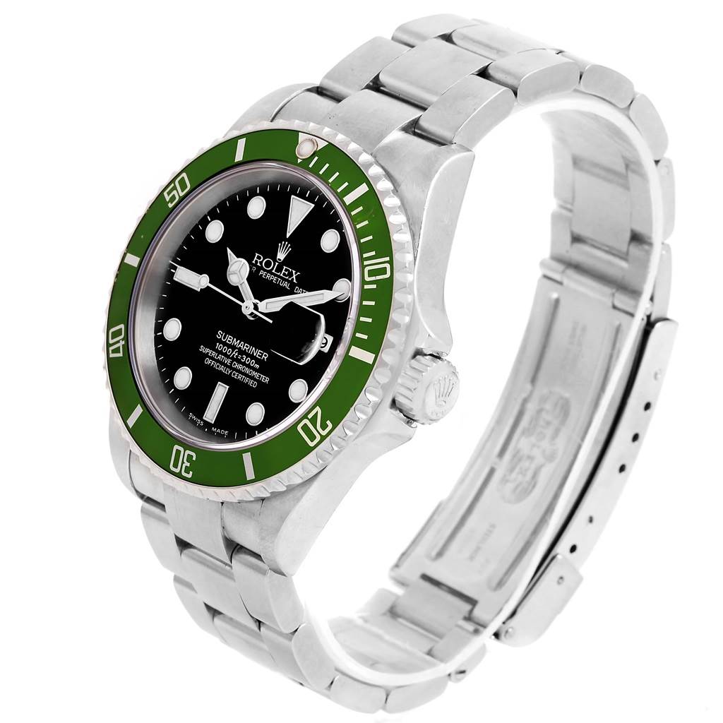 The Rolex Submariner 16610LV Men's Stainless Steel Black Dial 16610LV Men's Stainless Steel Black Dial model watch is displayed at a three-quarter angle, showcasing its green bezel, black dial, and stainless steel bracelet.