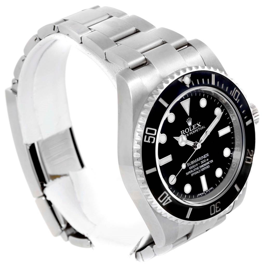 The image shows a Rolex Submariner 114060 Men's Stainless Steel Black Dial 114060 Men's Stainless Steel Black Dial watch from a three-quarter angle, highlighting the dial, bezel, and bracelet.